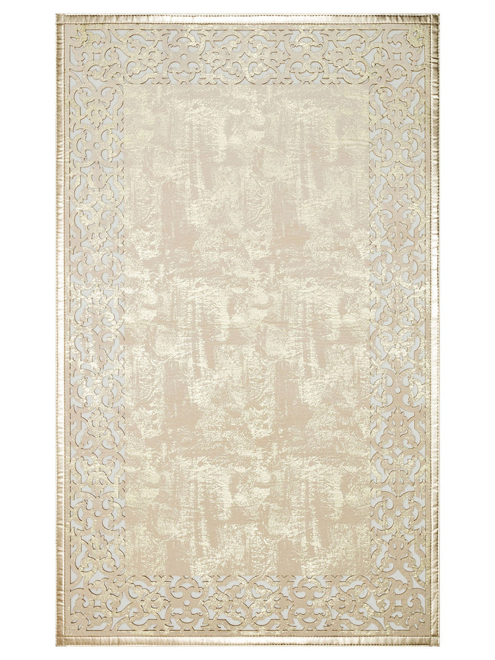 Gravür Klasik Ve Modern İşleme ve Oymaya Sahip Parlak Bordürlü Suni Deri Halı 01 CREAM GOLD - Carpetdocia