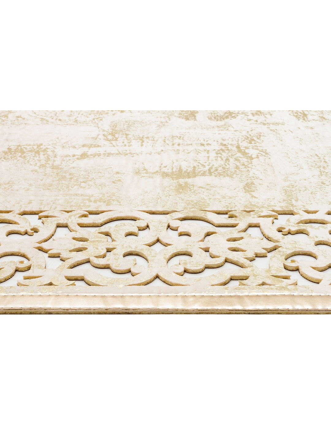Gravür Klasik Ve Modern İşleme ve Oymaya Sahip Parlak Bordürlü Suni Deri Halı 01 CREAM GOLD - Carpetdocia