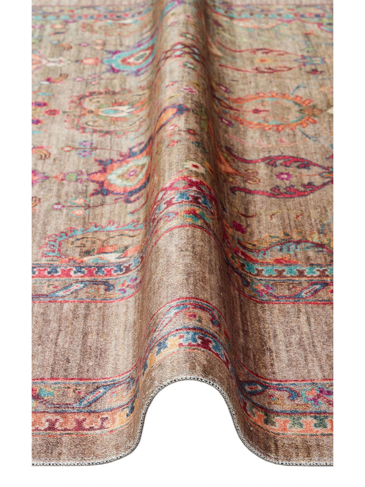 Historic Serisi Kaymaz Antik Desenli Salon Oturma Odası Koridor Mutfak Yıkanabilir Halı 07 OLIVE - Carpetdocia