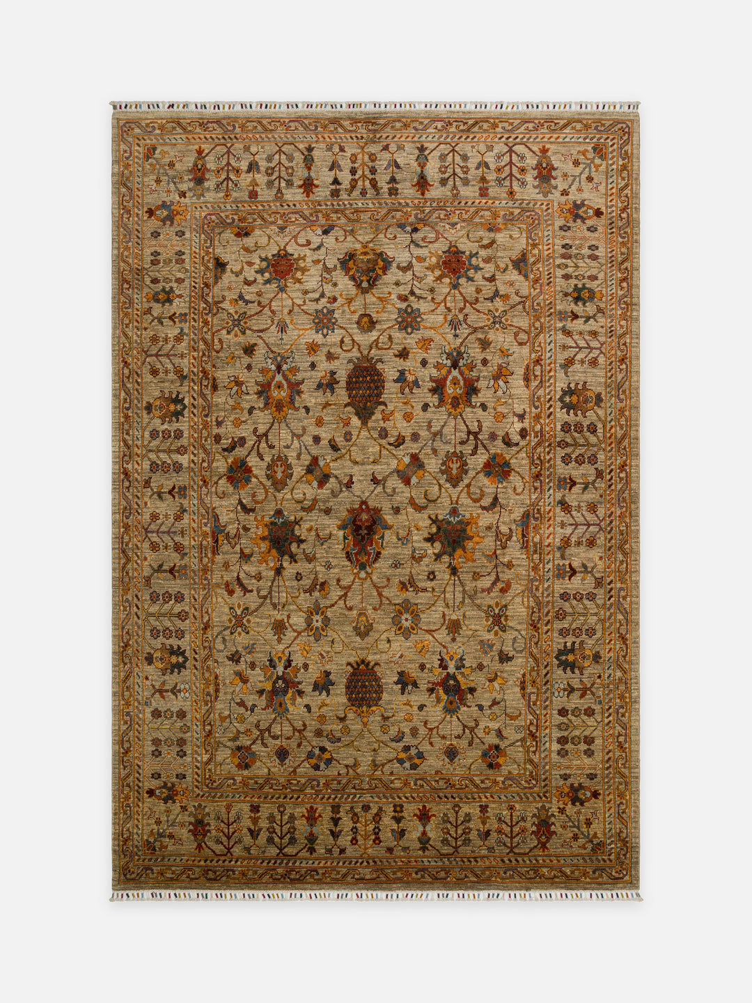 El dokuma Afgan halı fildişi şah abbas palmet ve rozet 201x298 cm kuşbakışı tam görünüm