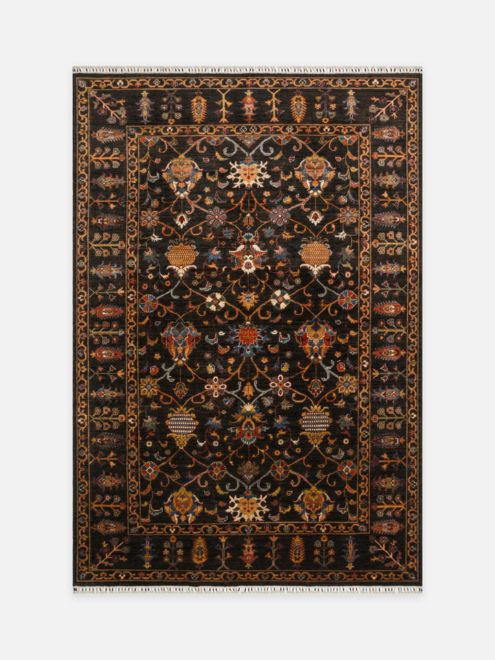 El dokuma Afgan halı antrasit gece bahçesi çiçek 203x299 cm kuşbakışı tam görünüm