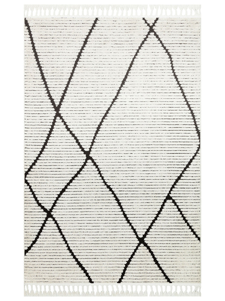Tabasco Serisi Etnik Desenli Oturma Odası Salon Koridor Modern İskindinav Halı 07 WHITE BLACK - Carpetdocia