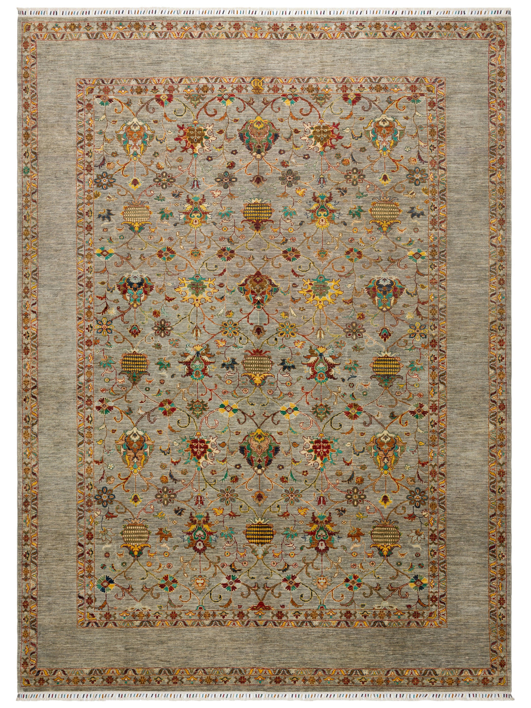 El dokuma Afgan halı açık gri Şah Abbas palmet kuşbakışı 270x372 cm