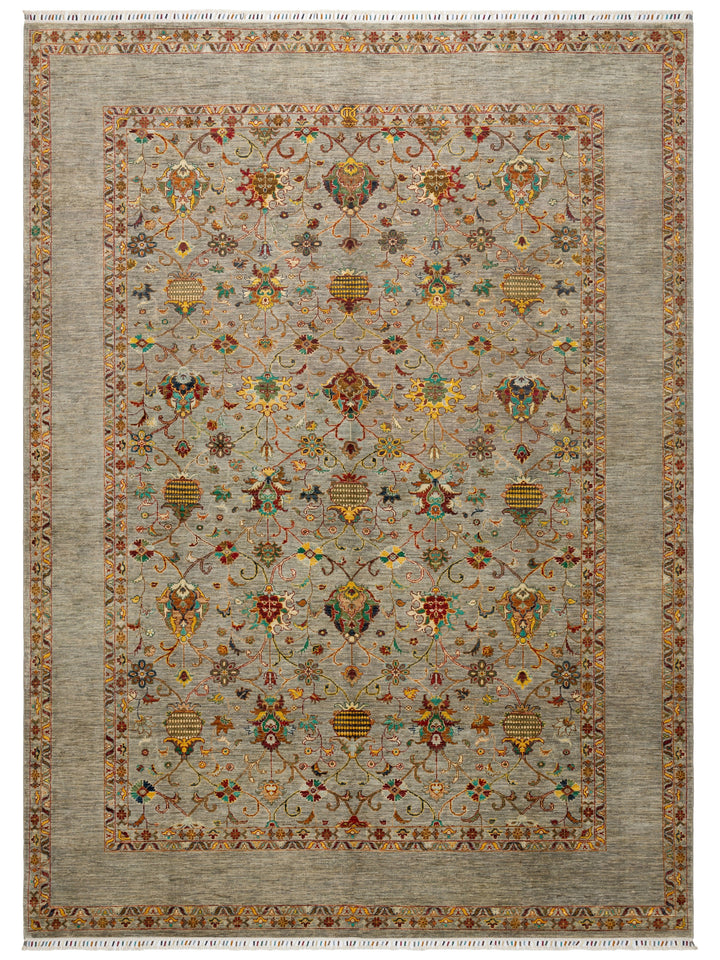 El dokuma Afgan halı açık gri Şah Abbas palmet kuşbakışı 270x372 cm