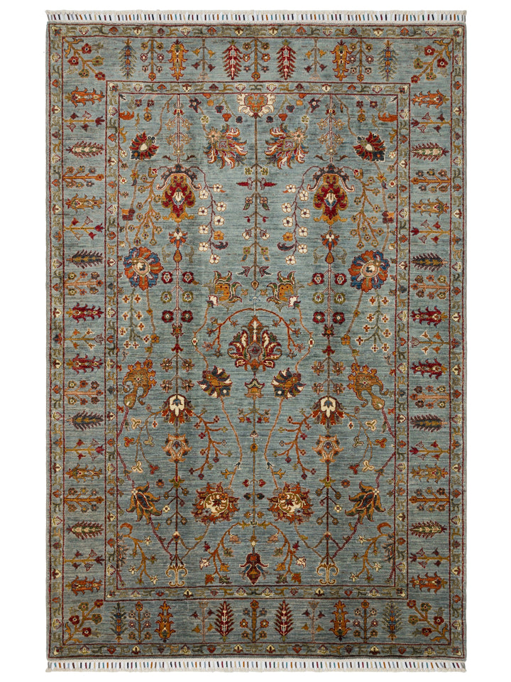 El dokuma Afgan halı petrol mavisi bitkisel desen 174x256 cm