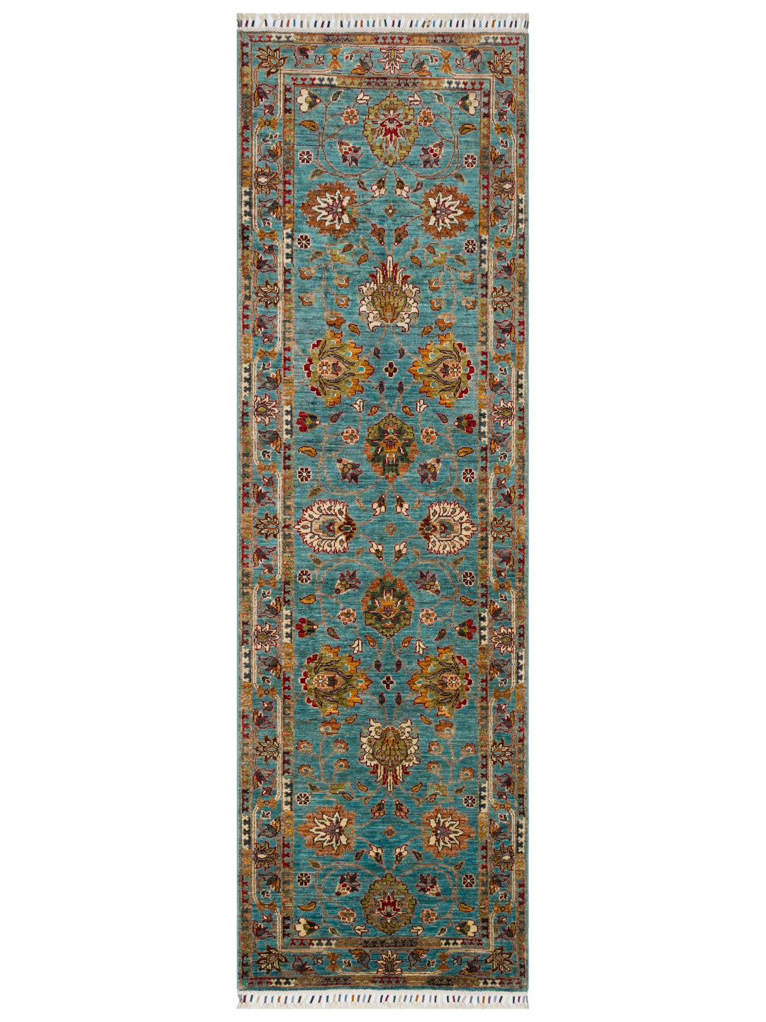 El dokuma Afgan halı petrol mavisi bitkisel desen 85x271 cm