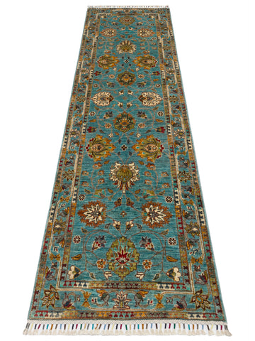 El dokuma Afgan halı petrol mavisi bitkisel desen 85x271 cm