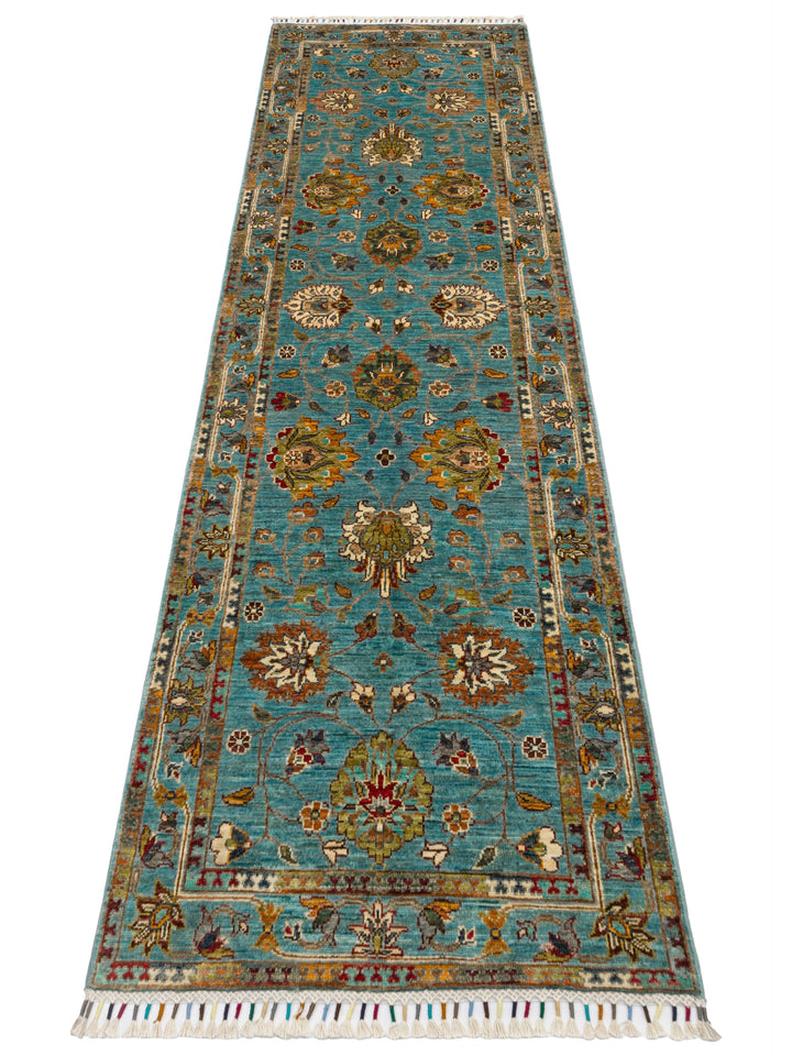 El dokuma Afgan halı petrol mavisi bitkisel desen 85x271 cm