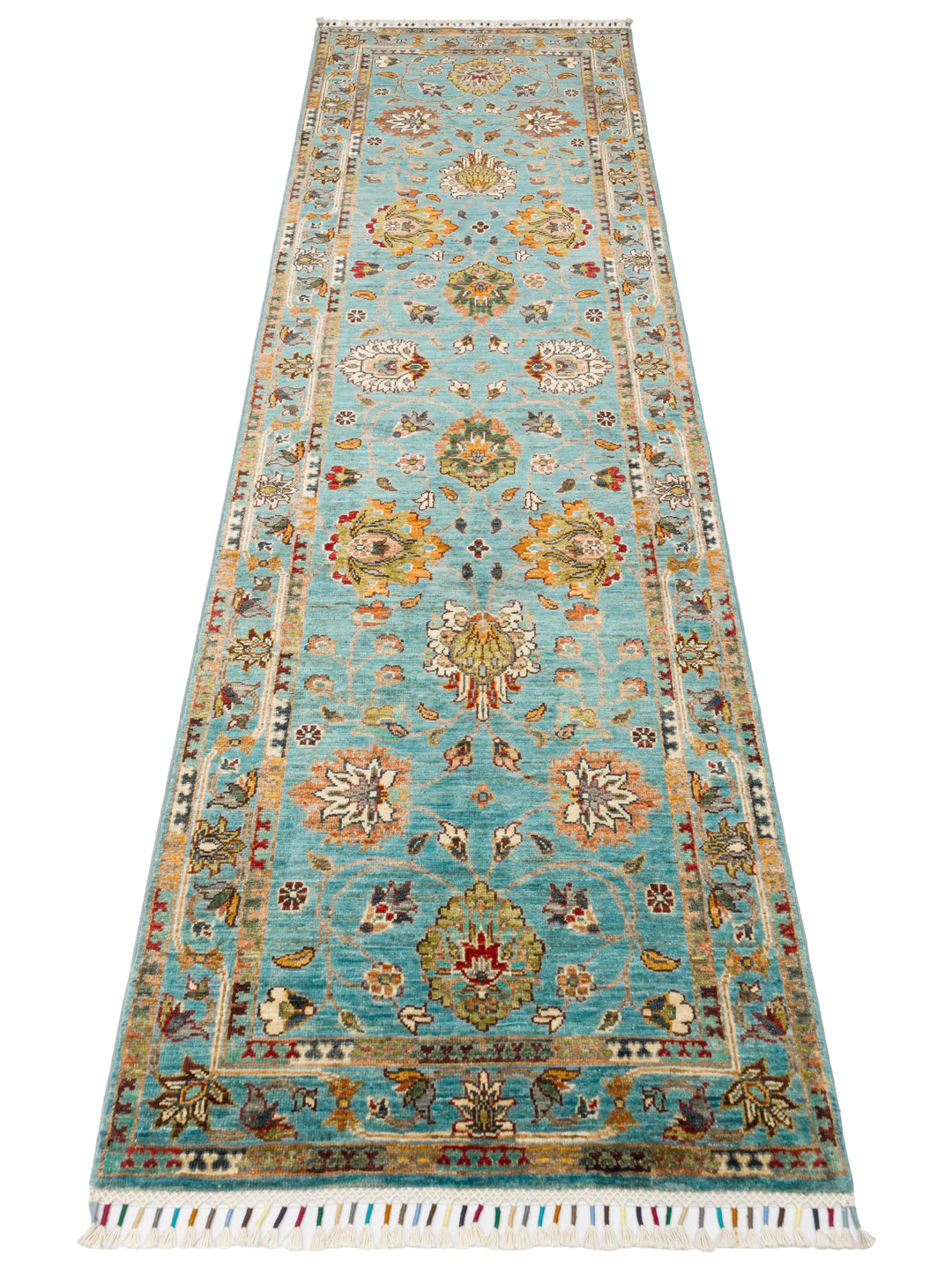 El dokuma Afgan halı petrol mavisi bitkisel desen 85x271 cm