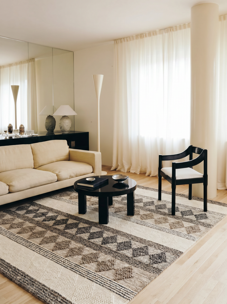 Tapis tricoté fait main pour salon, couloir, entrée à motif kazak 100 % laine naturelle Woolstar JD 01 GREY