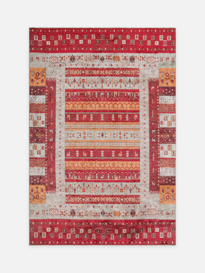 Ruggadocia Kaşkuli Lori Tribal Desenli Halı Kırmızı kuşbakışı