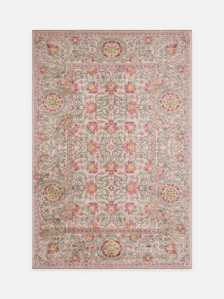 Ruggadocia Mahal Pembe Çiçek Desenli Halı Somon kuşbakışı